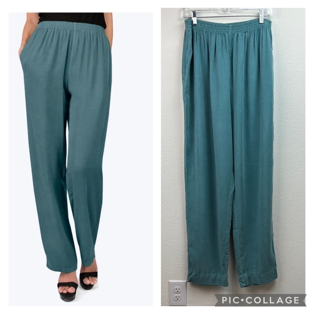 Tianello Tencel Oprah wide leg pull on teal blue pants, hemmed 30.5” inseam